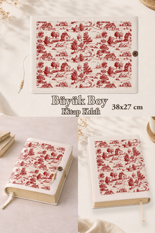 Nostalji Serisi Büyük Boy Kitap Kılıfı 38X27 Cm | Pamuk Kumaş | El Yapımı Kumaş Kitap Kılıfı
