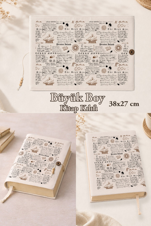 Nostalji Serisi Büyük Boy Kitap Kılıfı 38X27 Cm | Pamuk Kumaş | El Yapımı Kumaş Kitap Kılıfı