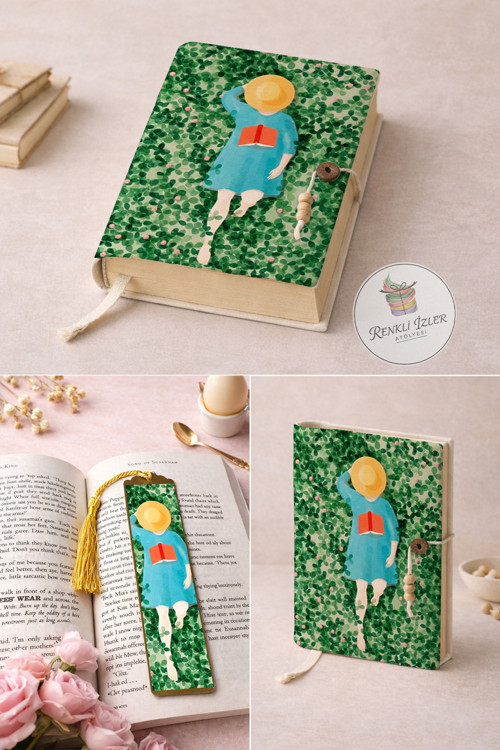 Yeşil Doğa Temalı Tasarım Kitap Kılıfı Ve Metal Ayraç Seti (Saklı Bahçe)