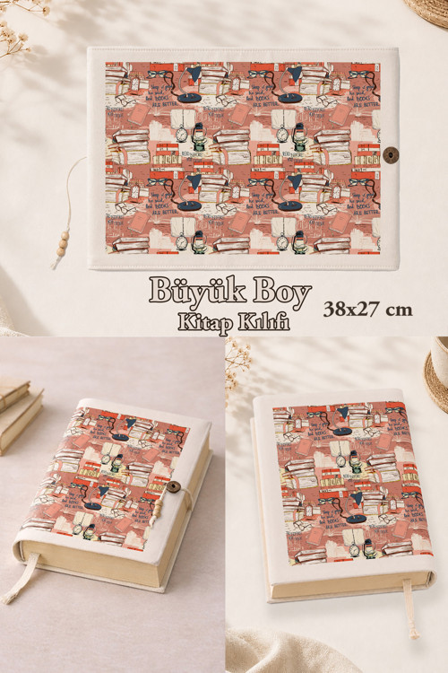 Nostalji Serisi Büyük Boy Kitap Kılıfı 38X27 Cm | Pamuk Kumaş | El Yapımı Kumaş Kitap Kılıfı