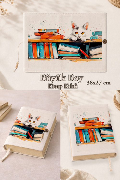 Kitapsever Kediler Koleksiyonu | 38X27 Cm Büyük Boy Kitap Kılıfı | Orta Boy, Hafız Boy Ve Rahle Boy Kur'An Uyumlu
