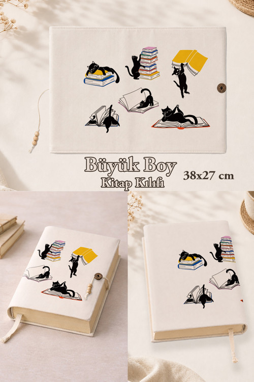 Kitapsever Kediler Koleksiyonu | 38X27 Cm Büyük Boy Kitap Kılıfı | Orta Boy, Hafız Boy Ve Rahle Boy Kur'An Uyumlu