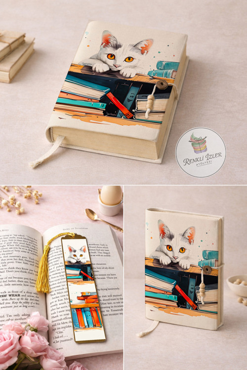 Kitap Kılıfı Ve Metal Kitap Ayracı Seti (Kütüphanedeki Kedi)