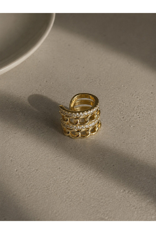 Premium Aurelia Altın Renk Taşlı Zincir Detaylı Kıkırdak Küpe Earcuff