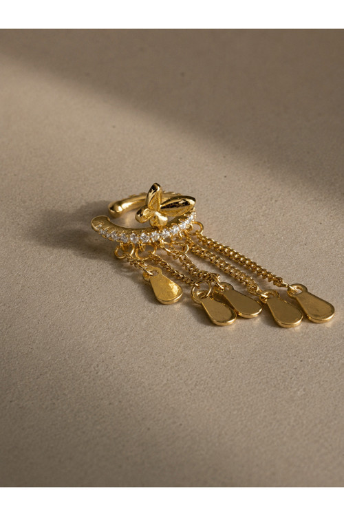 Premium Gold Butterfly Chain Earcuff | Taş Detaylı Lüks Kıkırdak Küpe