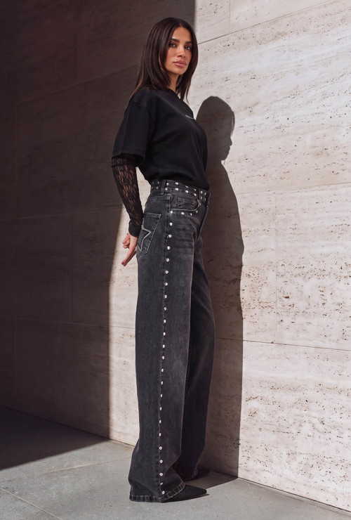 Kadın Füme T-2w6-13 Loose Fit Drop Detaylı Tasarım Denim Jean