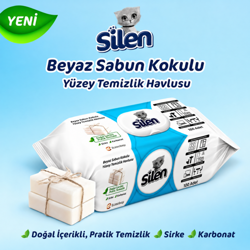 4 PAKET Silen Yüzey Temizleme Mendili 100'lü Beyaz Sabun Kokulu