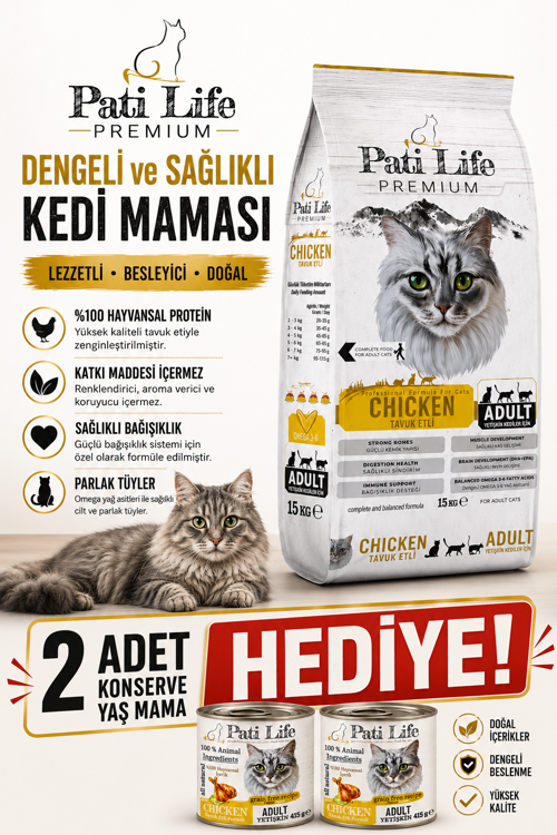PatiLife Tavuklu Kedi Kuru Mama 15 Kg 27 Protein 13 Yağ 2 Adet Konserve Mama HEDİYELİ