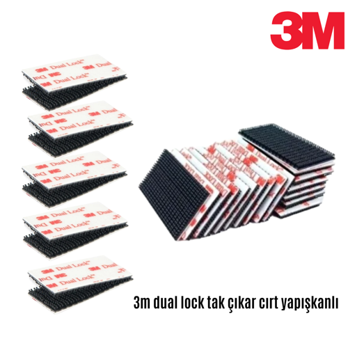 3M Dual Lock Kendinden Yapışkanlı Tak Çıkar Sabitleme Bandı 2,5cm x 2cm Siyah 5 Çift 10 Adet