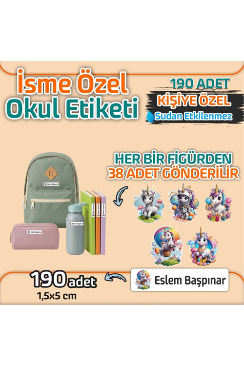 Kap Bir Hediye Okul Etiketi Isme Özel Kalem Defter Etiketi Unıcorn 2 Temalı 190 Adet