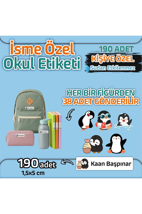 Kap Bir Hediye Okul Etiketi Isme Özel Kalem Defter Etiketi Penguen Temalı 190 Adet