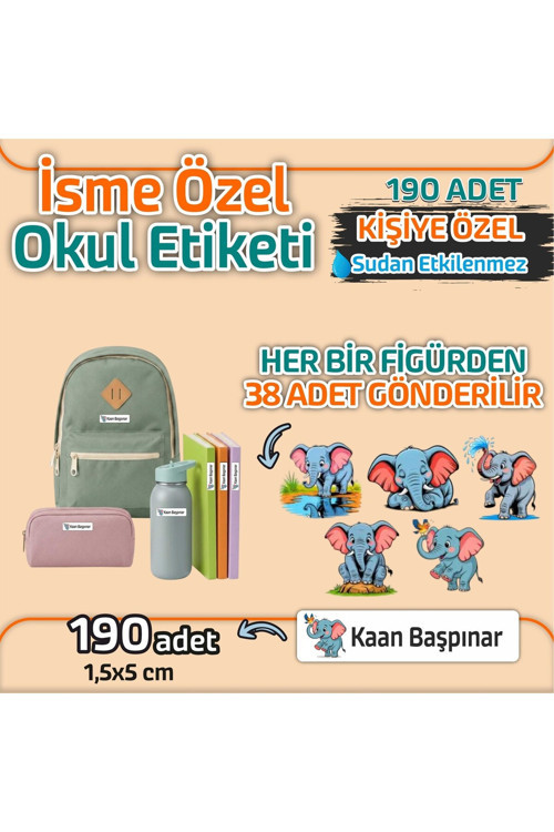 Kap Bir Hediye Okul Etiketi Isme Özel Kalem Defter Etiketi Fil Temalı 190 Adet