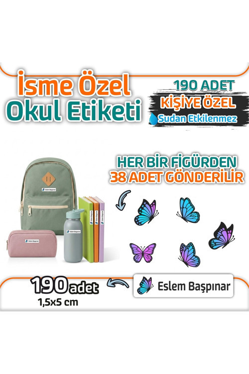 Kap Bir Hediye Okul Etiketi Isme Özel Kalem Defter Etiketi Kelebek Temalı 190 Adet