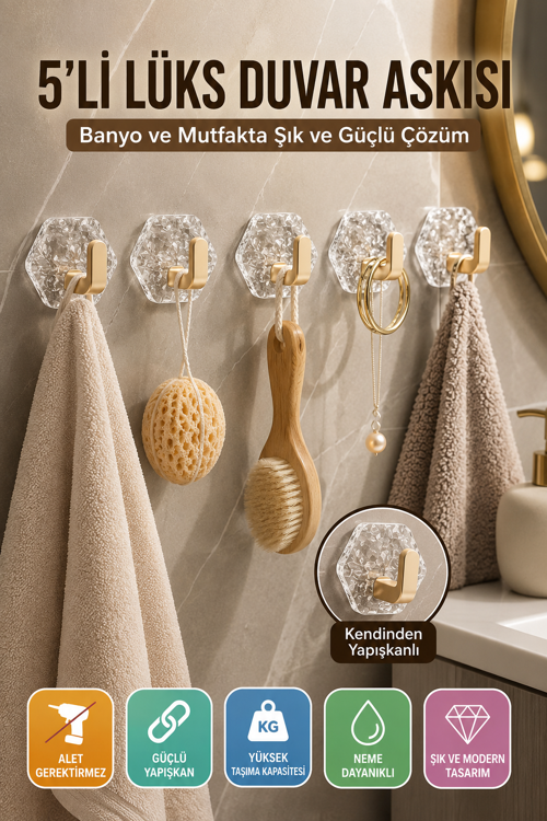 Gold Kendinden Yapışkanlı 5'li Duvar Askısı Banyo Mutfak Havlu Askılığı Buz Desen Dekoratif Seti