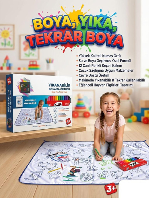 Boya Beni! Yıkanabilir 100x150 cm 12 Farklı Renkli Keçeli Kalemli Eğitici Oyuncak Boyama Halısı