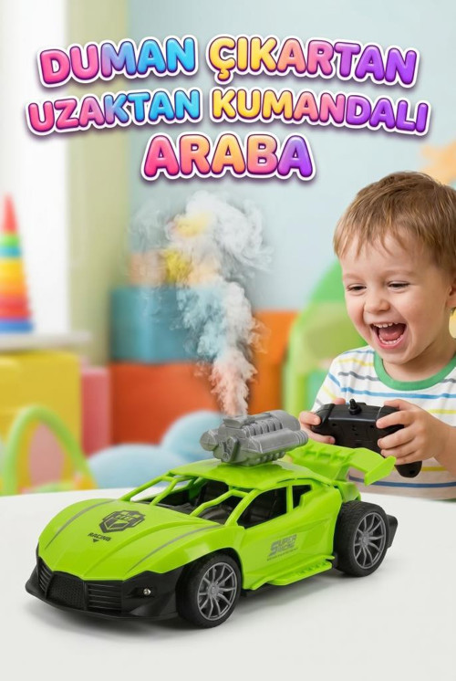 Uzaktan Kumandalı Yarış Arabası 1:18 Ölçek Şarjlı Işıklı Sesli ve Duman Çıkaran Oyunca Araba YEŞİL