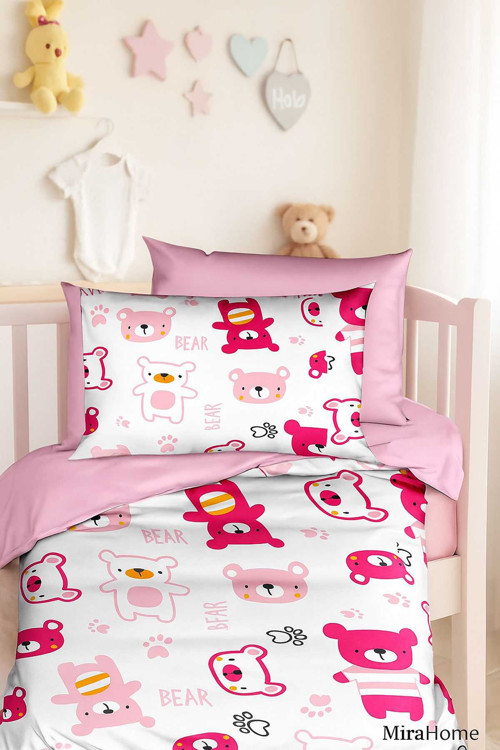 Dijital Baskılı 3D Pamuklu Yenidoğan Bebek Nevresim Takımı Bear Toy Pink