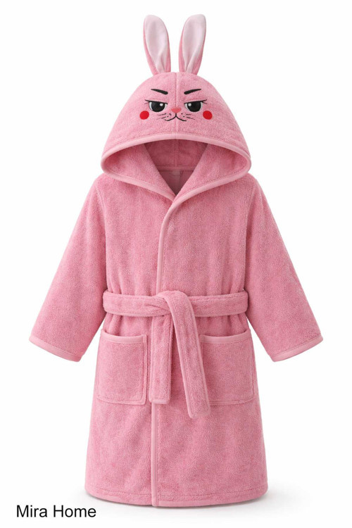 Pembe Tavşan Nakışlı Kulaklı Bebek Çocuk Bornozu