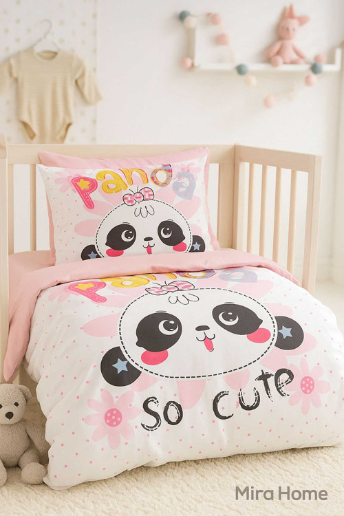 Yenidoğan Kız Bebek Nevresim Takımı Pamuklu Panda So Cute