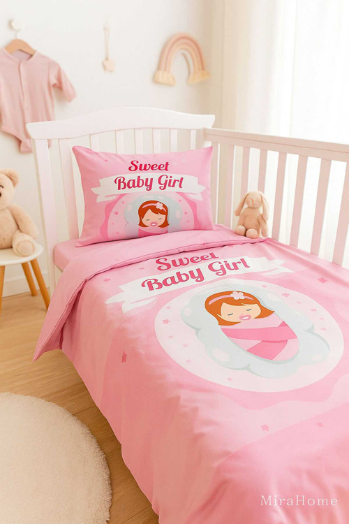 Yenidoğan Kız Bebek Nevresim Takımı Pamuklu Sweet Baby Girl