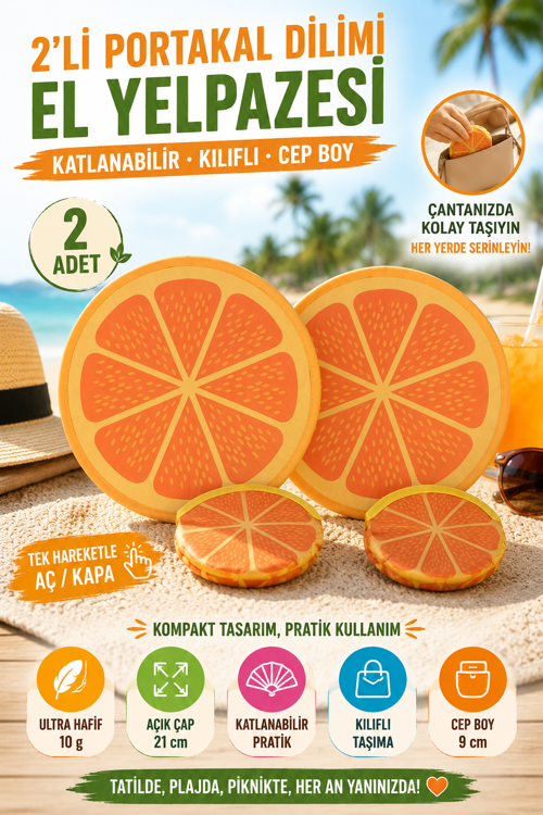 2'li Portakal Desenli Katlanabilir El Yelpazesi Kılıflı Cep Yelpaze Yuvarlak Pratik Yazlık Aksesuar