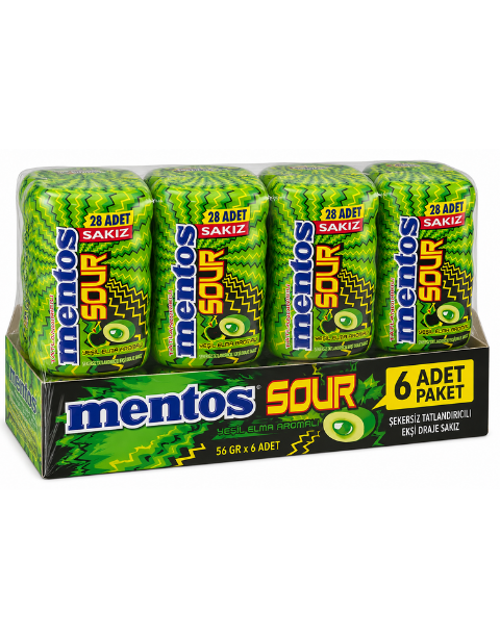 Sour Yeşil Elma Aromalı Şekersiz Tatlandırıcılı Ekşi Draje Sakız 56 GR X 6 Adet