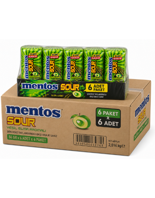 Sour Yeşil Elma Aromalı Şekersiz Tatlandırıcılı Ekşi Draje Sakız 56 GR X 6 Adet X 6 Adet
