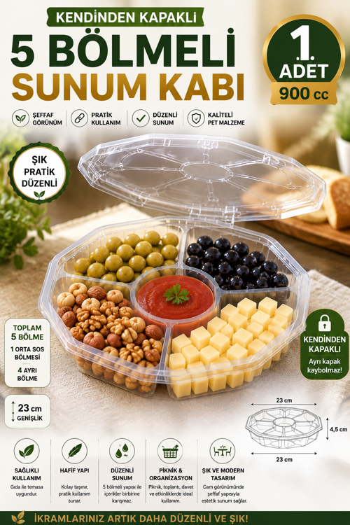 1 Adet Sekizgen 5 Bölmeli Kendinden Kapaklı PET Gıda Kabı 900 cc Şeffaf Sızdırmaz Sunum Kabı 23 cm Set