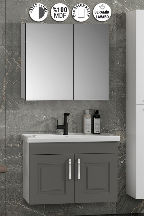 Salkım 80 cm Beyaz-Füme Balon MDF Seramik Lavabolu Asma Banyo Dolabı Takımı
