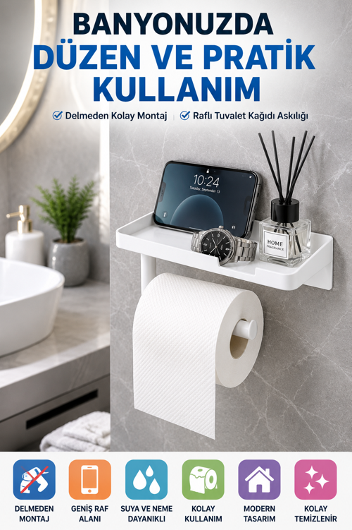 Beyaz Yapışkanlı Raflı Tuvalet Kağıdı Askılığı Delmeden Montaj Banyo Organizer Telefon Rafı Askısı