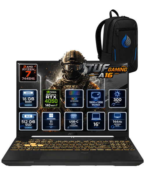 TUF Gaming A16 AMD Ryzen 7 7445HS 16 GB DDR5 512 GB SSD RTX 4050 6GB 16'' WUXGA IPS 144Hz Windows 11 Pro Gaming Lap