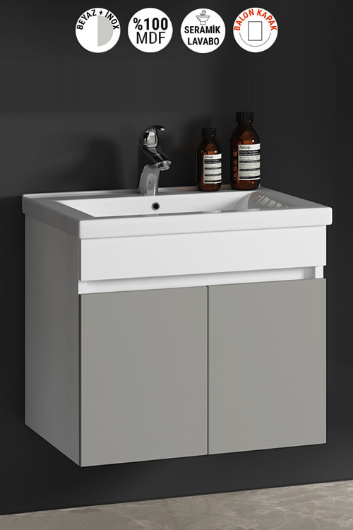 Çiğdem 80 cm Beyaz-İnox Balon MDF Seramik Lavabolu Asma Banyo Alt Dolabı