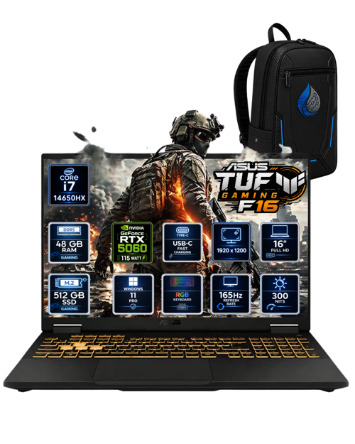 TUF Gaming F16 Intel Core i7-14650HX 48 GB DDR5 512 GB SSD RTX 5060 8GB 16'' WUXGA 165Hz Windows 11 Gaming Laptop F