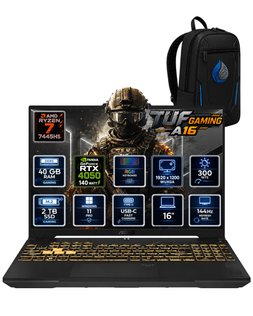 TUF Gaming A16 AMD Ryzen 7 7445HS 40 GB DDR5 2 TB SSD RTX 4050 6GB 16'' WUXGA IPS 144Hz Windows 11 Pro Gaming Lapto