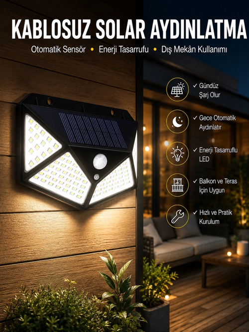 Güneş Enerjili Bahçe Aydınlatma Lambası Solar 100 Led Lamba