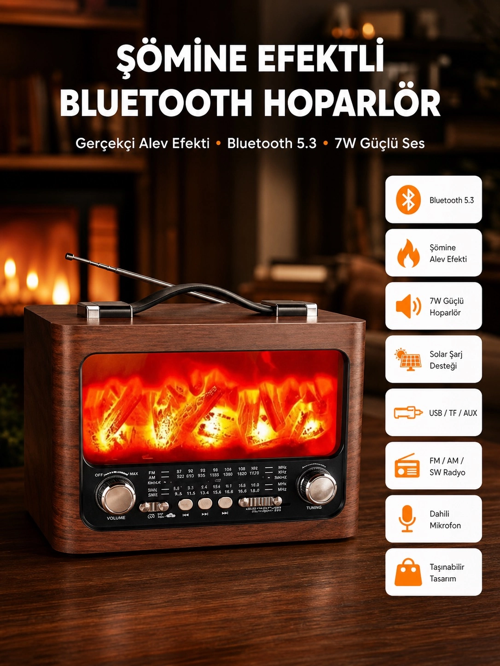 Solar Şarjlı Şömine Işıklı Hoparlör – Radyo, Usb, Tf Kart Destekli