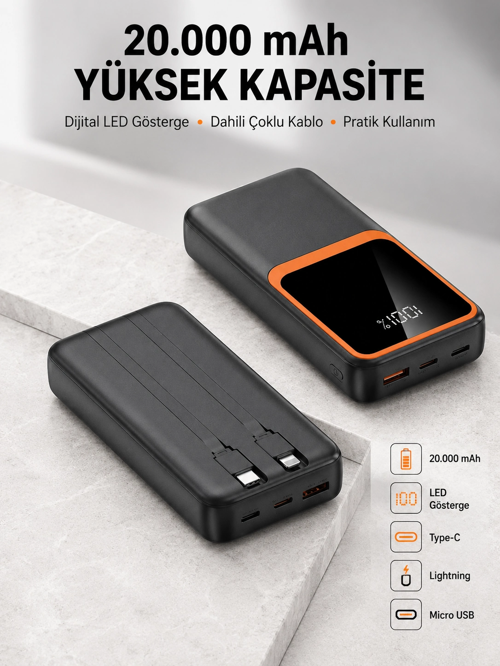 Dijital Ekranlı 20.000 Mah | 22.5W Hızlı + Çoklu Bağlantı Seçeneği Yeni Nesil