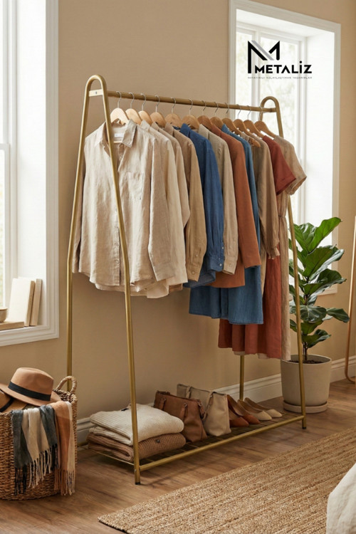 Oval Telli Gold Butik Elbise Askılığı Konfeksiyon Ayakkabılıklı Elbise Askılığı – Raflı Askı