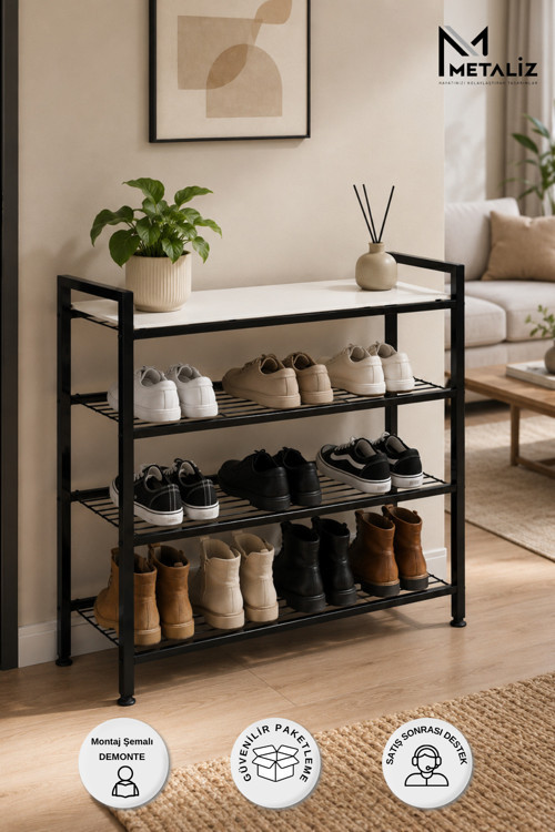 Loft 4 Katlı Siyah Metal Ayakkabılık, Beyaz Ahşap Mdf Tablalı, Çok Amaçlı Ayakkabı Düzenleyici, 77X30X70 Cm