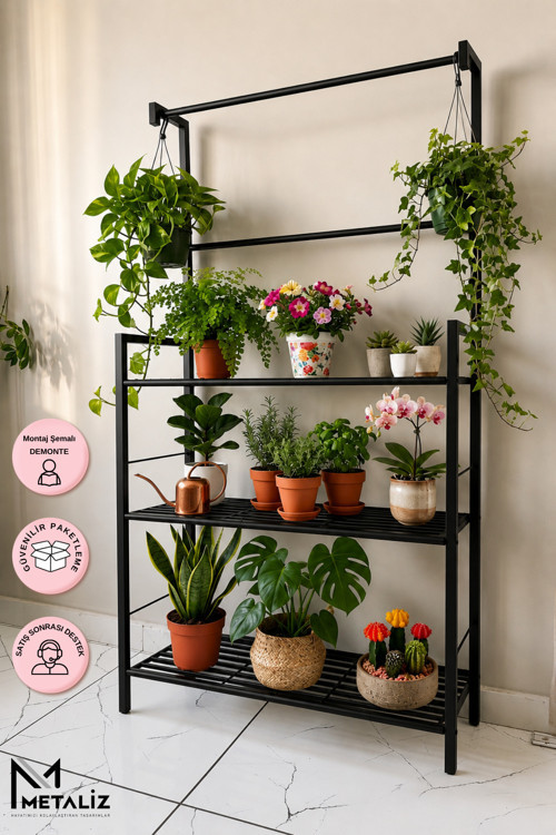 Modern Siyah 3 Katlı Metal Çiçeklik Standı Çok Amaçlı Mutfak,Kitaplık Dekoratif Lüks Stand