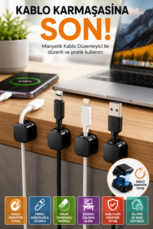 Manyetik Kablo Düzenleyici Kablo Tutucu 6'lı Set Yapışkanlı Kablo Sabitleyici Masa Kablo Düzeni