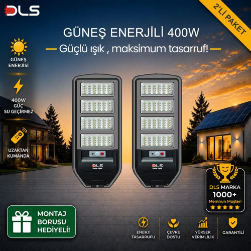 2'li Paket DLS 400W Güneş Enerjili Solar Sokak Lambası Hareket Sensörlü LED Bahçe Aydınlatması
