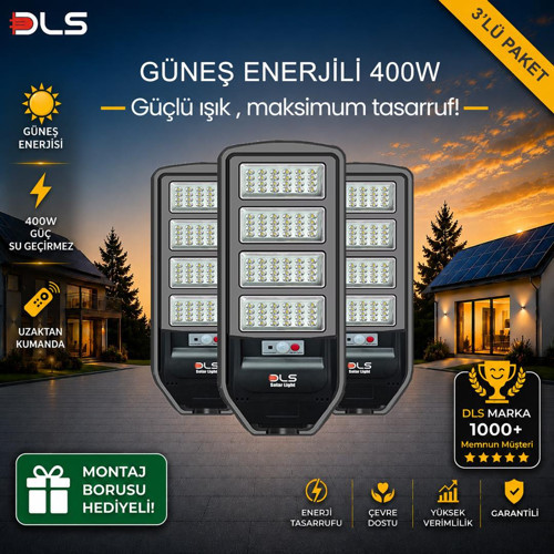 3'lü Paket DLS 400W Güneş Enerjili Solar Sokak Lambası Hareket Sensörlü LED Bahçe Aydınlatması