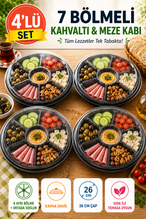 4'lü Set 7 Bölmeli Kahvaltı Meze Kabı Kapaklı 26 cm Tek Kullanımlık Salata Sunum Kabı Seti