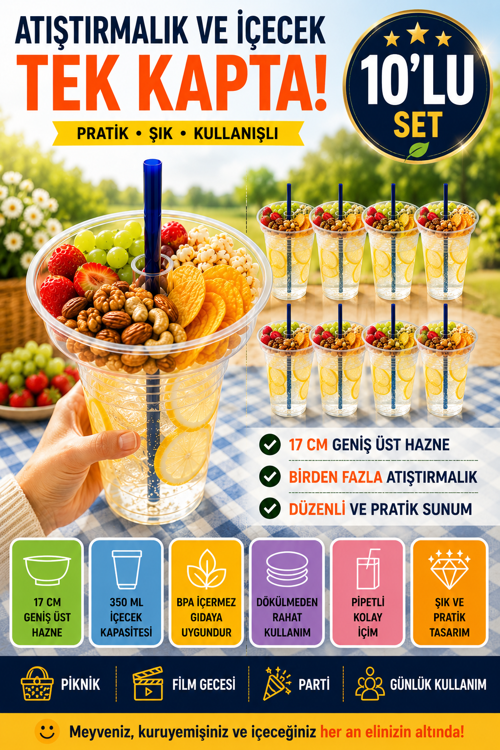 10'lu Set Atıştırmalık Hazneli Bardak 350 ml Pipetli PET Piknik Sinema Parti İçecek Bardağı Seti 17 cm