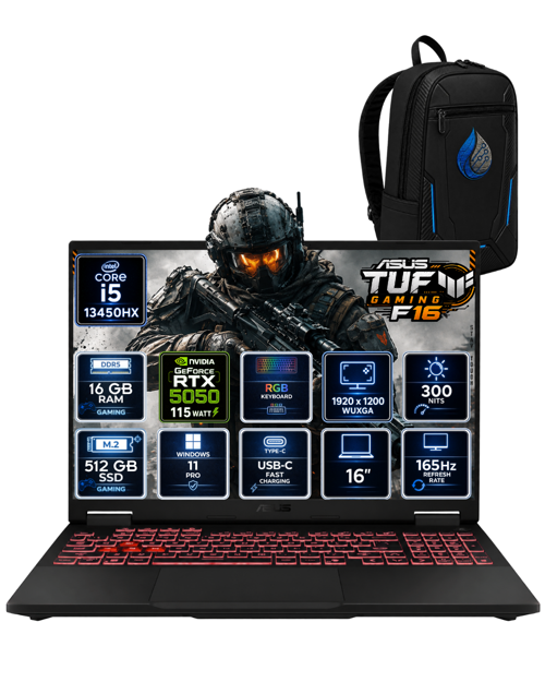 TUF Gaming F16 Intel Core i5-13450HX 16 GB DDR5 512 GB SSD RTX 5050 8GB 16'' WUXGA IPS 165Hz Windows 11 Pro Gaming