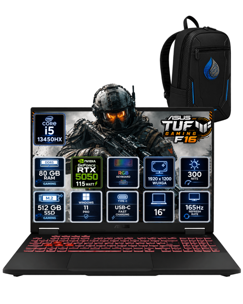 TUF Gaming F16 Intel Core i5-13450HX 80 GB DDR5 512 GB SSD RTX 5050 8GB 16'' WUXGA IPS 165Hz Windows 11 Pro Gaming
