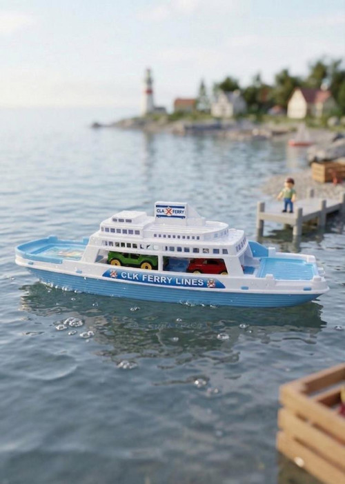 Feribot Deniz Yolculuğu: Fileli Gönderim 2 Arabalı Aksesuarlı Köprülü Yürüyen Oyuncak Feribot MAVİ