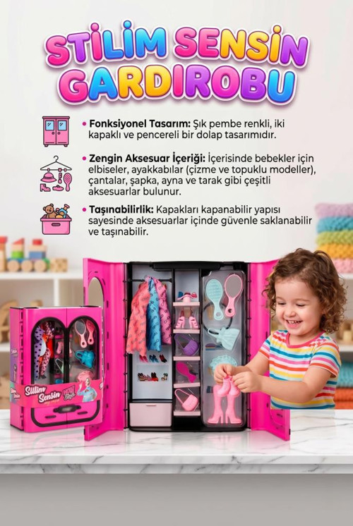 Stilim Sensin! 3 Farklı Şık Kıyafetli ve Aksesuarlı Çift Kapaklı Taşınabilir 34cm Oyuncak Gardırop
