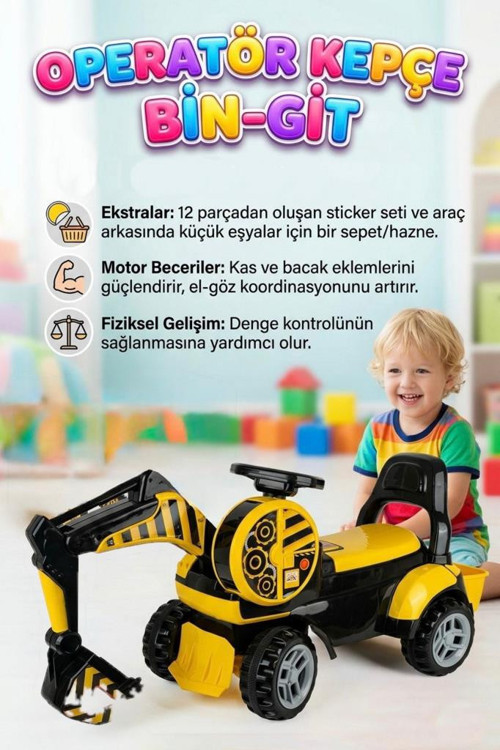 Bin Git Kepçe! Binilebilir Manuel Kontrol Edilebilir Kepçeli 12 Parça Stickerlı Oyuncak İnşaat Aracı